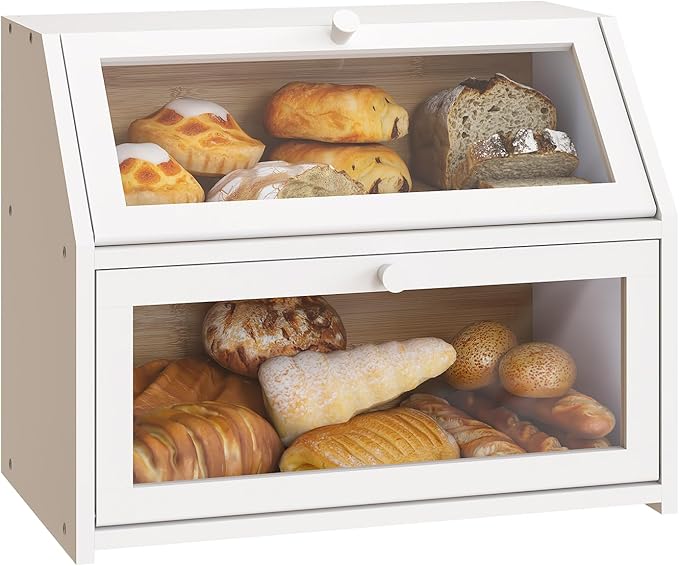 BMOSU Farmhouse Bread Box for Kitchen Countertop Bread box Double Layer Bamboo Wooden Extra Large Capacity Bin Kitchen Food Storage Container(White)
