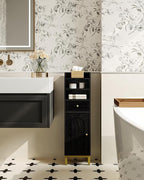 Bathroom Storage Cabinet, Corner Floor Cabinet with Drawers and Doors, Narrow Toilet Paper Holder, Bathroom Organizer with Adjustable Shelf, for Small Spaces, Black BC29804G