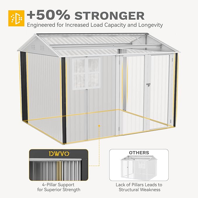DWVO 10x10ft Large Tool Storage Shed with Window, Lockable Doors, and Sloped Roof, Oversized Steel Outdoor Storage Shed for Garden, Patio, Garage, Backyard, Lawn(Gray + White)
