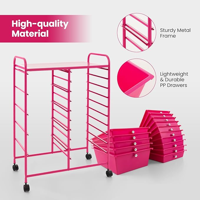 LUARANE Rolling Cart with 15 Drawers, Craft Storage Cart with Portable Handles & Lockable Wheels, Mobile Toys Organizer, Large Capacity Utility Drawer Cart Home Office School Teacher (Hot Pink)
