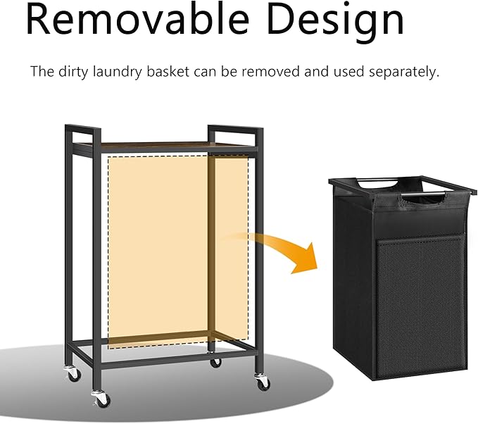Laundry Sorter, Laundry Basket with 1 Pull-Out Removable Oxford Fabric Bag, 1 x 18.3 Gallons, Total 69L, Cloth Laundry Hamper with a Top Shelf 20"x13" (Black and Rust)