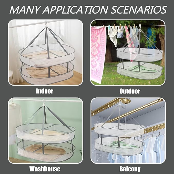 2 Tier Clothes Drying Rack Foldable, 31.5" Mesh Clothes Hanging Dryer, Space Saving Sweater Drying Rack, Laundry Rack,with Internal Fixation, for Clothes, Towels, Underwear, Indoor, Outdoor (2 Pcs)