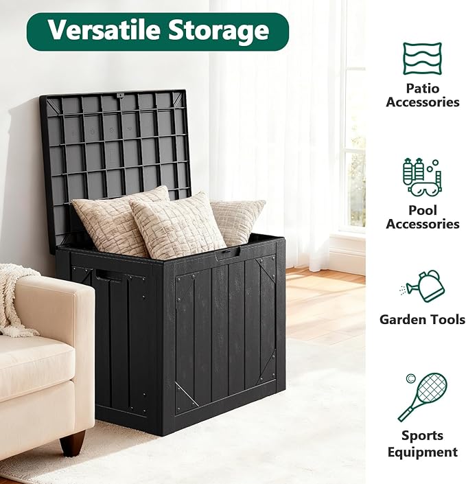 Outdoor Storage Box - 30 Gallon Waterproof Resin Deck Box, Lockable Patio Storage Bench for Package Delivery, Cushions & Garden Tools, UV Resistant (Black)