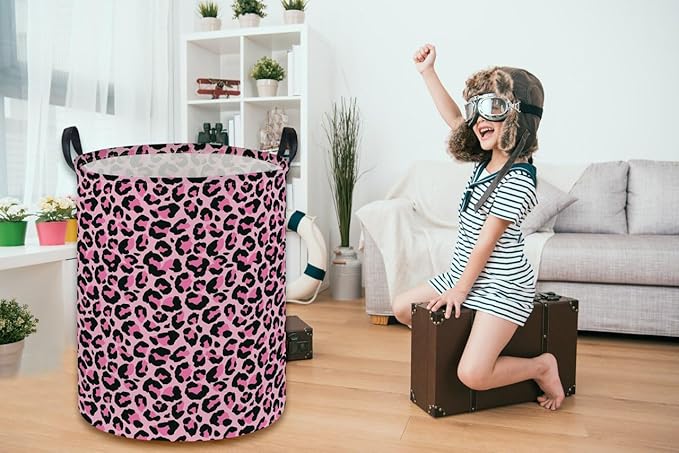 Essme Kids Laundry Basket,Pink Hamper Collapsible Canvas Waterproof Storage Bin for Girls, Leopard Print Hamper,Gift Baskets(Pink Leopard Print)