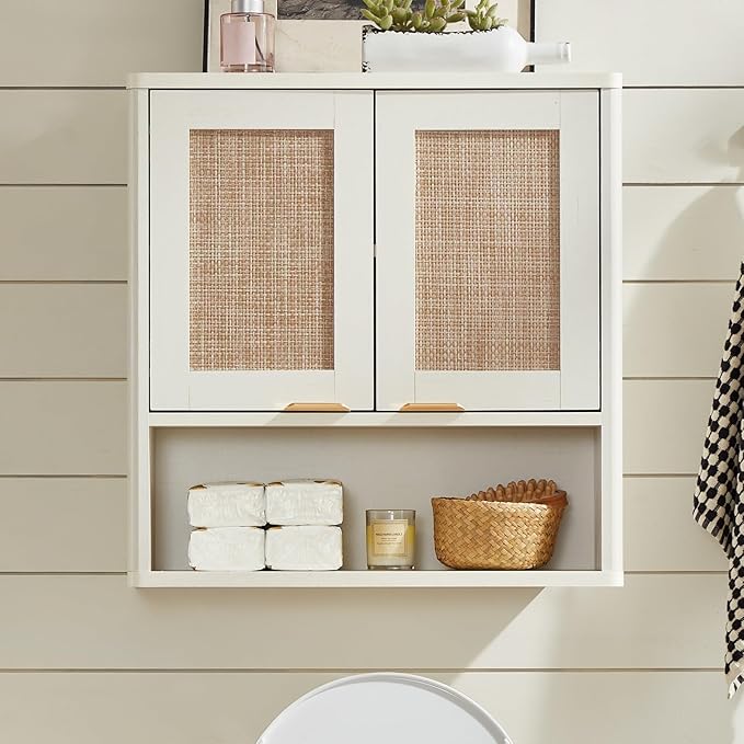 LEYAOYAO Rattan Bathroom Wall Cabinet, Boho Medicine Cabinet with Adjustable Shelve & Doors, Over The Toilet Storage Cabinets Organizer for Laundry Room, Kitchen, Living Room, White