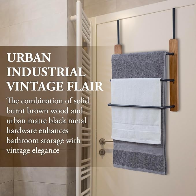MyGift Over The Door Towel Rack for Bathroom, Rustic Solid Burnt Wood Towel Storage Organizer, 3 Tier Matte Black Metal Towel Bar, Space Saving Bathroom Door Hanging Towel Holder