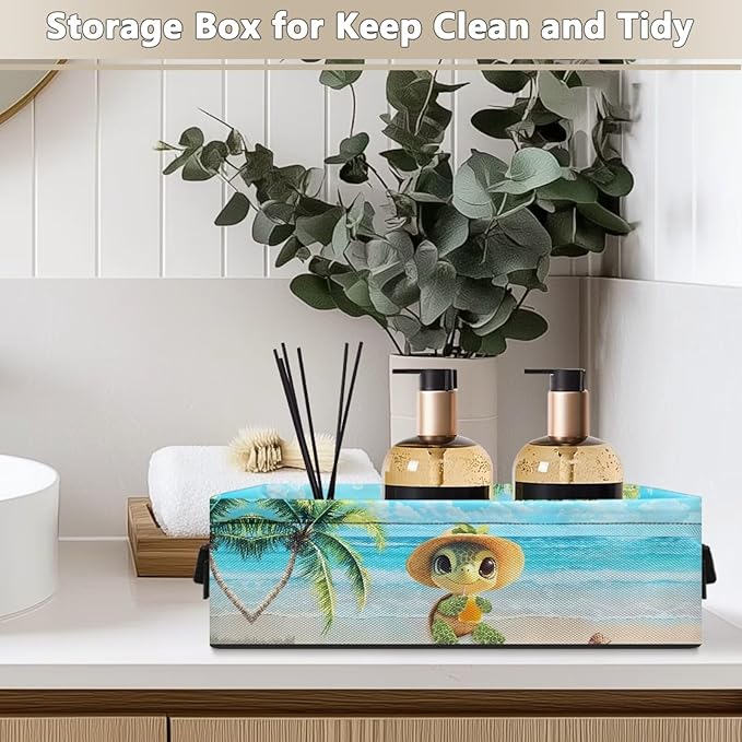 Toilet Paper Basket Multi-purpose Narrow Storage Bins Bathroom Essentials Storage Basket with Handles Collapsible Bin for Kitchen Office Indoor Decor, Beach Sea Turtle Coconut Palm Tree