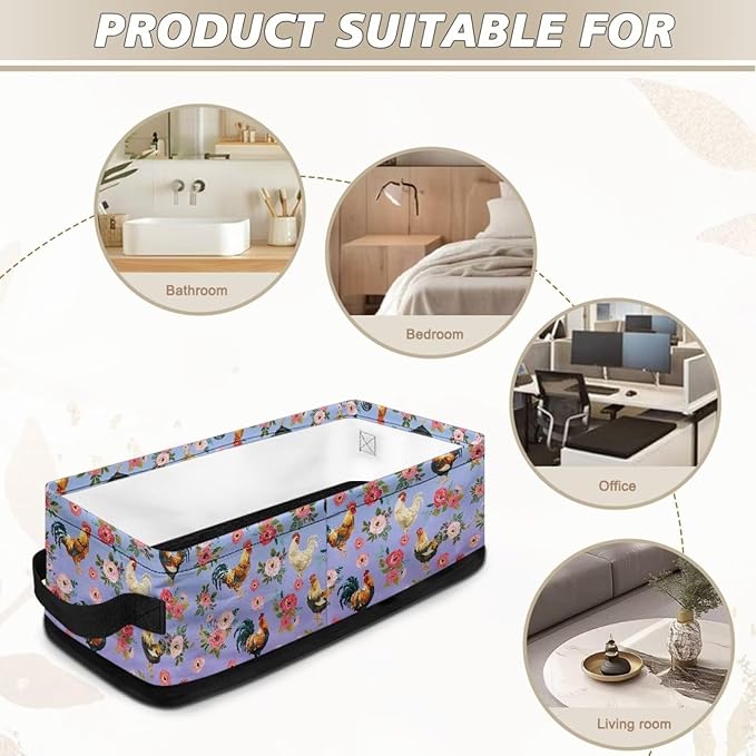 Bathroom Storage Basket Foldable Storage Bin with Handles for Easy Carrying, Rectangular Toilet Paper Organizer for Countertops Laundry Decor, Rooster Chicken Rose Blue Violet Gradient