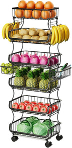 Simple Trending 6 Tier Rolling Cart, Stackable Fruit Vegetable Basket with Wheels and 2 Hanging Basket, Kitchen Storage Metal Wire Basket Stand for Vegetable Bread Snacks, Black
