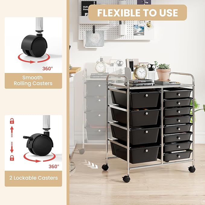 GOFLAME 12-Drawer Rolling Storage Cart, Craft Storage Cart with Removable Drawers & Lockable Wheels, Art Cart Supply Storage Organizer with Metal Frame for Home Office Classroom, Black