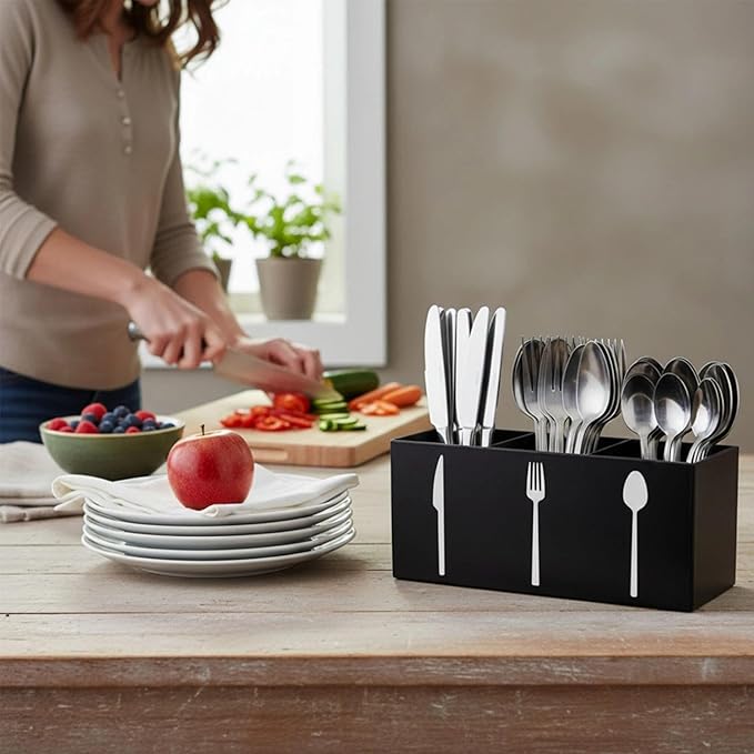 Utensil Holder,Kitchen Countertop Organizer,Silverware Organizer,3 Compartments Silverware Caddy,Plastic Utensil Holder, Large Capacity Cutlery, Spoon, Fork, and Knife Rack（Black）