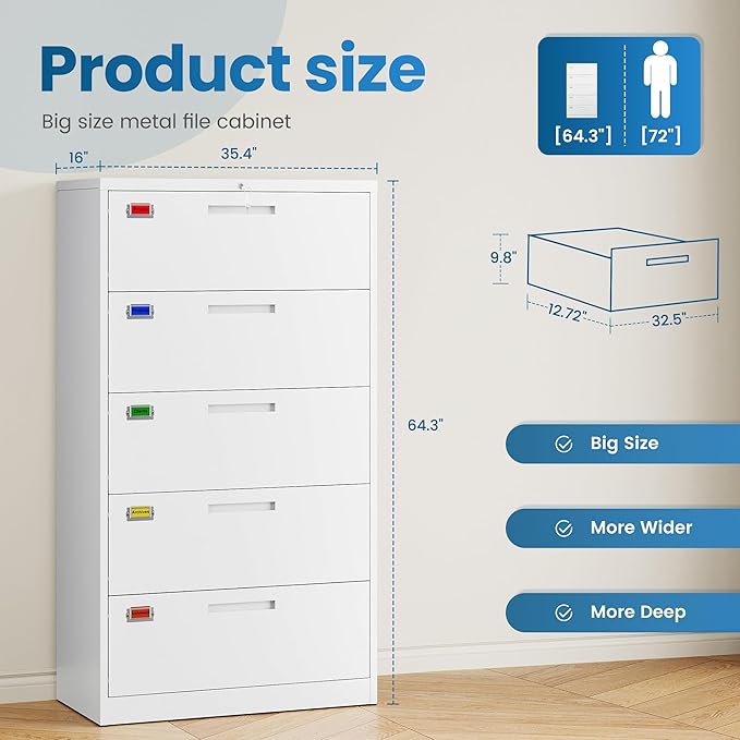 5 Drawer File Cabinet, Lateral Filing Cabinets for Home Office, Office Storage Drawers with Lock, Hanging Files Legal/Letter A4 Size (Assemble Required,White)