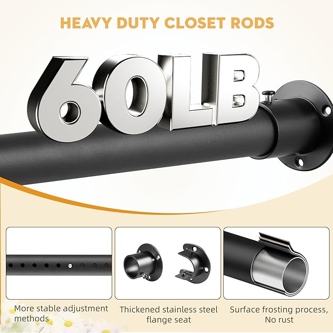 Closet Rods for Hanging Clothes, 1.3 Inch Diameter Heavy Duty Closet Rod 17-28 Inch Adjustable, Metal Closet Poles for Hanging Clothes, Matte Black Bar for Closet, Wardrobes, Bathroom, Windows