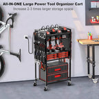JUNNUJ Large Power Tool Organizer Cart with Charging Station, Garage Floor Standing Rolling Drill and Tools Battery Storage Cart on Wheels, Heavy Duty Rack Shelf with 8 Outlet 10 FT Power Strip, Black
