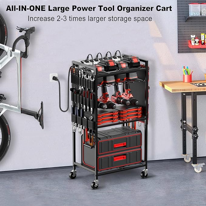 JUNNUJ Large Power Tool Organizer Cart with Charging Station, Garage Floor Standing Rolling Drill and Tools Battery Storage Cart on Wheels, Heavy Duty Rack Shelf with 8 Outlet Power Strip, Black
