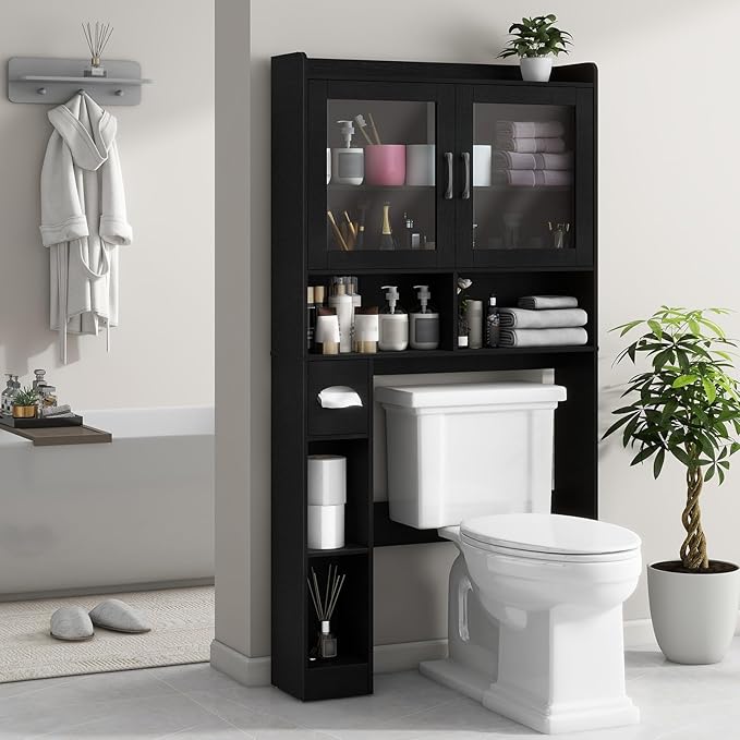 Vabches Over-The-Toilet Storage Cabinet, Farmhouse Style with 2 Acrylic Waves Doors, Space-Saving Home Storage Rack for Restroom, Bathroom and Laundry Room.Black.