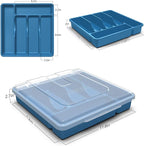 𝐅𝐥𝐚𝐭𝐰𝐚𝐫𝐞 𝐎𝐫𝐠𝐚𝐧𝐳𝐢𝐞𝐫 𝐰𝐢𝐭𝐡 𝐋𝐢𝐝, Plastic Silverware Tray for Drawer, 5 Compartments Utensil Holder for Countertop, Navy Blue