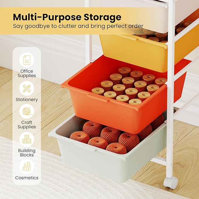 GOFLAME 4-Drawer Rolling Storage Cart, Craft Storage Cart with Wooden Tabletop and Lockable Wheels, Art Cart Supply Storage Organizer with Metal Frame for Home Office Classroom, Macaron Color