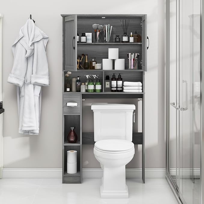 Over The Toilet Storage Cabinet, Farmhouse Storage Cabinet Over Toilet with Barn Door& Toilet Paper Holder Stand，Home Space-Saving Toilet Rack, for Bathroom, Restroom, Laundry.Wash Gray