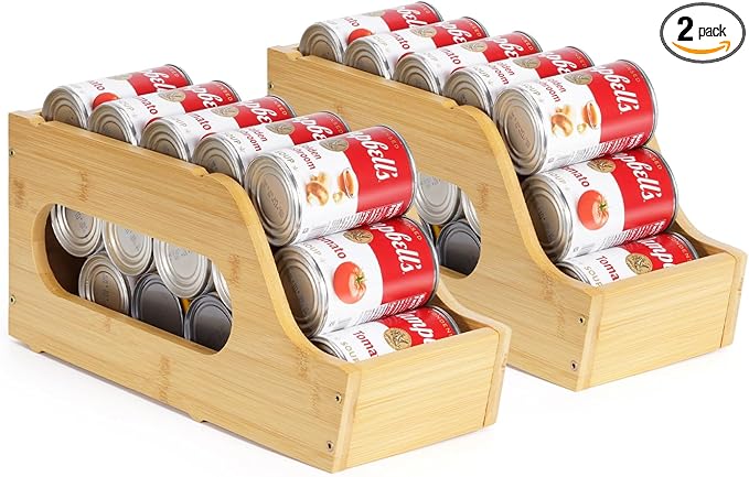2 Pack Bamboo Can Organizer for Pantry, Soda Can Dispenser Rack Drink Holders Stackable Canned Goods Storage for Pantry Kitchen Cabinet Up To 30 Cans