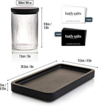 Mason & Fable Ribbed Glass Bathroom Jars & Tray Set | 10 fl oz, Set of 2 Storage Canister with Airtight Black Bamboo Lids | Cotton Pad/Swab/Q tip Holder/Bath Salt/Clear Vanity Apothecary Organizer