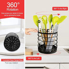 KOLUTI 360° Rotating Kitchen Utensil Holder Organizer, 7.2" x 7" Extra Large Cooking Tool Storage Round Caddy, Weighted Base with Drain Hole, Wire Metal Flatware Crock for Countertop, Paint Black