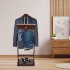 Wooden Freestanding Clothes Stand with Sturdy Base, Multi-functional Suit Valet Stand, Coat Rack with Top Drawer, Tie Hangers, and Storage Compartments for Office, Bedroom, Living Room (Walnut Color)