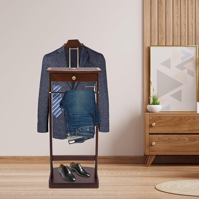 Suit Valet Stand, Brown Wood Valet Stand with Base, Contour Hanger, Tray, Trouser Bar and Tie Bar, Wood Mens Valet Stand for Bedroom Entryway Home Living Room Office