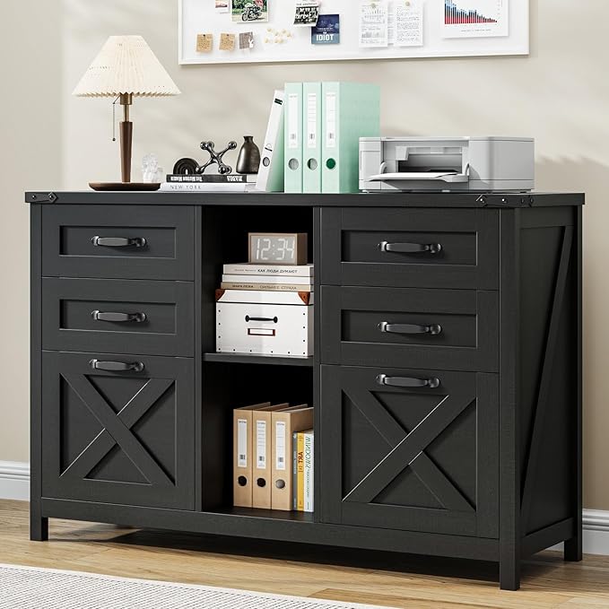 Lateral File Cabinet with 6 Drawers, Farmhouse Filing Cabinet for Letter/A4 Size, Wood File Storage Cabinets Printer Stand with Open Storage Adjustable Shelf for Home Office Cabinets, Rustic Black