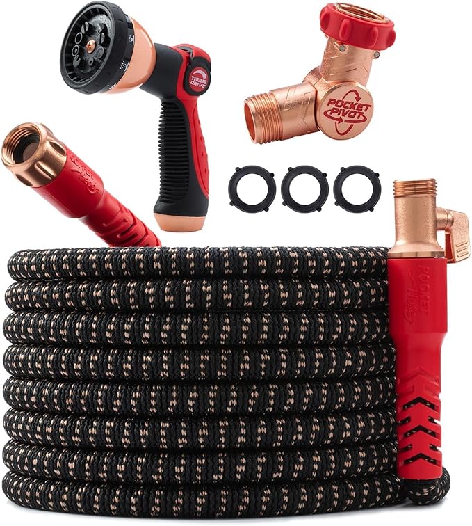 Pocket Hose 100 FT Copper Head Expandable Garden Hose with Pocket Pivot, No Tangles, AS SEEN ON TV, 360° Swivel, Tri-Tex Tubing, Force Field Jacket, Lead-Free, No-Kink, Anti-Burst w/APT
