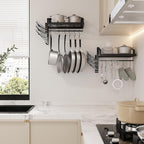 X-cosrack Pot Racks Wall Mounted Set of 2,with Towel Bar and Pots Pans Lids Organizer, Kitchen Cookware Hanging Shelves with 12 Hooks, Black