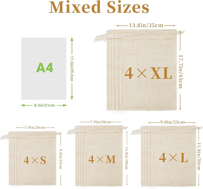 CEYAZYE 16 Pack Reusable Produce Bags, Mesh Vegetable Grocery Bag Washable, 100% Cotton Drawstring Net Storage Bags for Refrigerator, Shopping, Veggies and Fruits, Beach, Transporting, (4 Size)