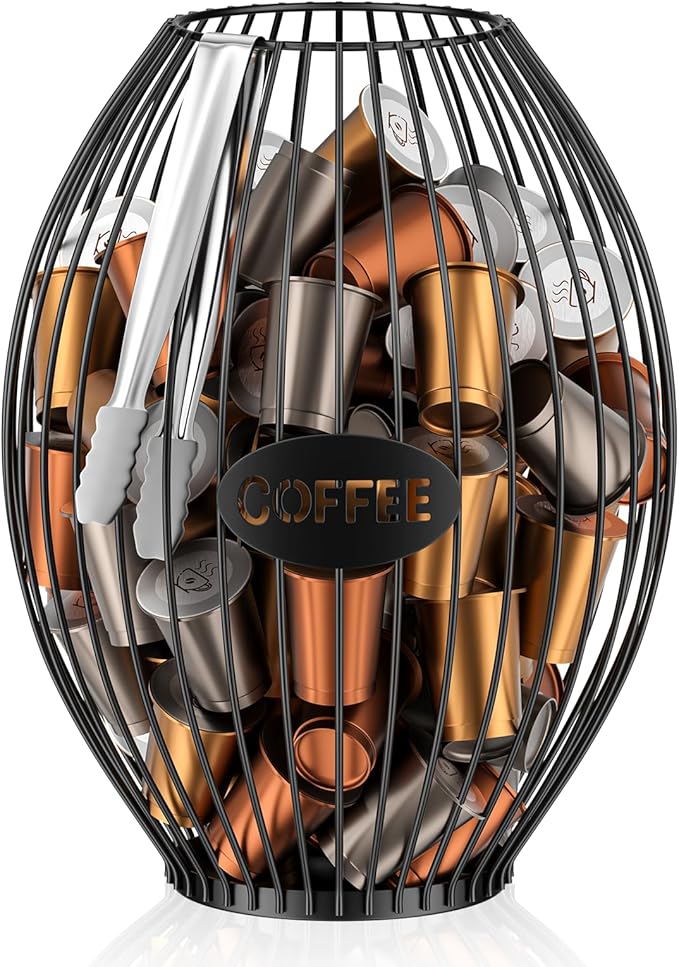 Uniclife Cup Holder with Ice Tongs, Large Capacity Coffee Pod Holder for 10-30 Capsules, Metal Wire Cup Organizer Coffee Pod Organizer, Storage Basket for Kitchen Office Accessories