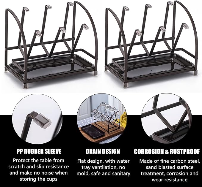 RHBLME 2 Packs Glass Drying Rack, Vertical Bottle Drying Rack Glass Bottle Holder with Drain Tray, Silicone Protective Hooks, Carbon Steel Non Slip Cup Mug Organizer for Glass Coffee Mug Countertop