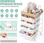 Rolling Craft Storage Cart with 4 Drawers,Utility Cart with Drawers,Art Craft Organizers and Storage,Kids Craft Cart,Kids Art Cart With DIY Lable and Wooden Tabletop Area,White