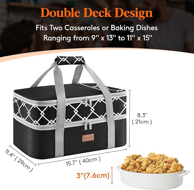 Lifewit Insulated Double Decker Casserole Carrier, Lasagna Lugger Holder for Hot or Cold Food, Fits 9" x 13" Baking Dish, Thermal Lunch Tote Bag for Potluck Parties, Picnic and Cookouts, Black