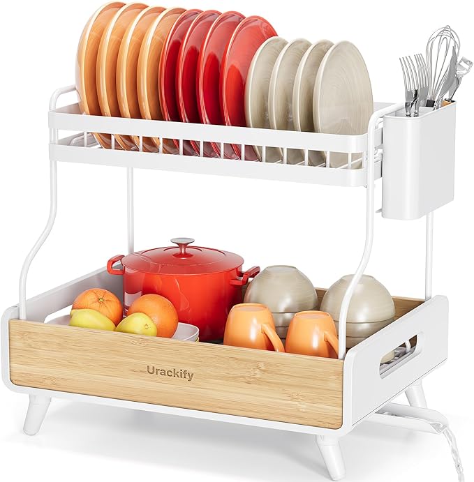2-Tier Dish Drying Rack, Large Stainless Steel & Bamboo Dish Rack for Kitchen Counter, Dish Drainers with Adjustable Automatic Spout, Drying Rack Kitchen with Utensil Holder, White