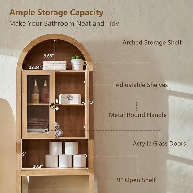 Arched Over The Toilet Storage Cabinet with Acrylic Doors, Modern Over Toilet Bathroom Organizer Shelf, Small Wooden Bathroom Storage Cabinet with Adjustable Shelf,Space Saver, Natural Oak