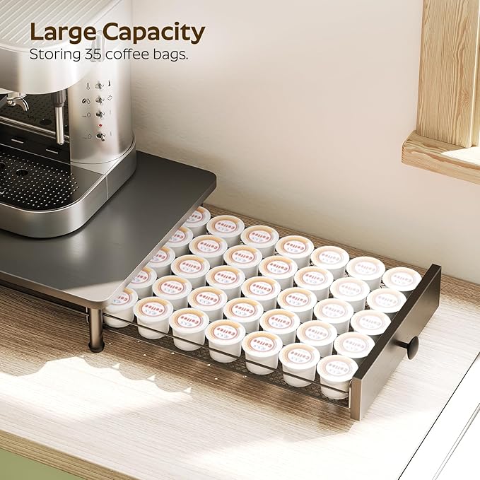Coffee Pod Drawer Holder, Coffee Pod Drawer for K Cup, 35 Capacity Coffee Capsules Storage Organizer, Sliding Mesh Basket, for Home Office, Kitchen, Black KH08BK