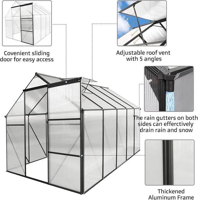 6X10FT Greenhouse for Outdoor, Polycarbonate Greenhouse with Raised Base and Anchor, Heavy-Duty Walk-in Green House with Adjustable Roof Vent and Gutter System for Patio,Backyard (Black, 6X10FT)