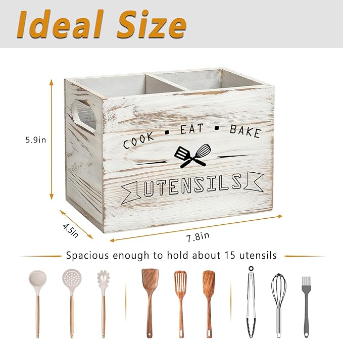 Retro White Wood Kitchen Utensil Holder - Small, Durable & Ideal for Kitchen Counter Decor （Retro White 2 Compartment）