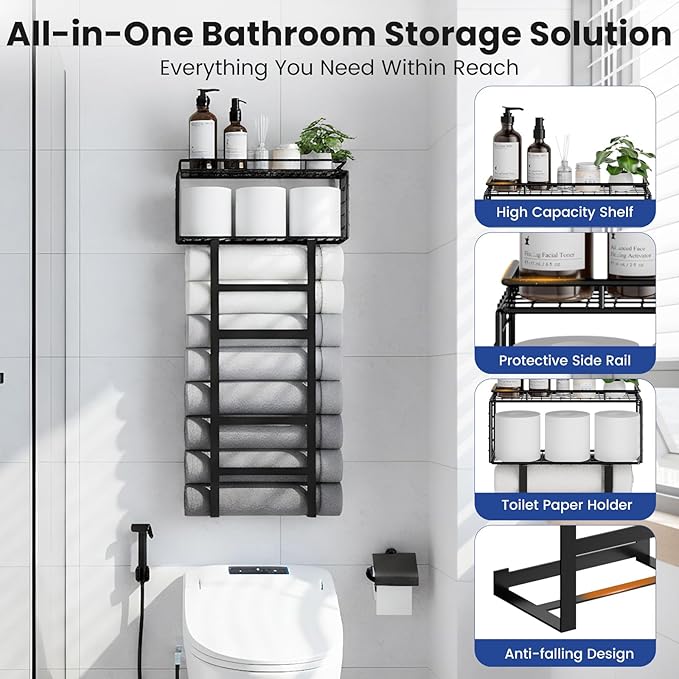 Towel Racks for Bathroom Wall Mounted, 4-Tier Bathroom Towel Rack with Shelf and Basket, Hold 6 Large Rolled Towels, 32-Inch Heavy Duty Towel Storage for Bathroom, RV, Black