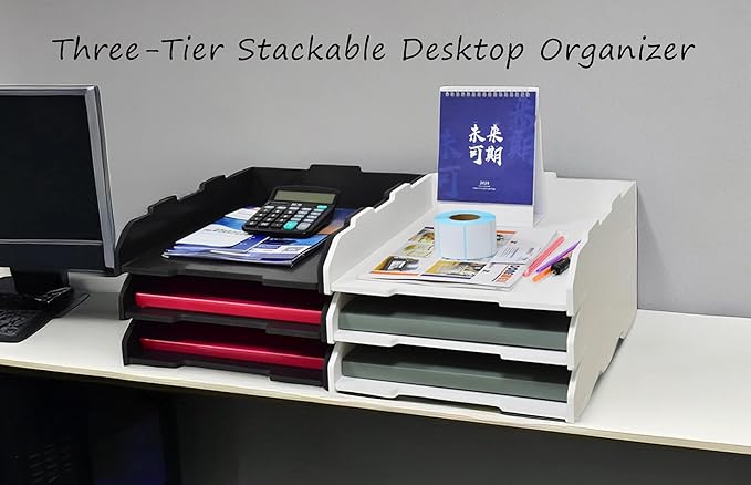 A3 Stackable Paper Tray, 3 Tier Desk File Organizer, Desktop Organizer for Office Supplies, File Storage, Letter Organizer /A3 Office File Folder,Home or Office School, White (Portrait-White-3-Tier)