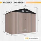 Aoxun 8x6FT Shed with Floor Galvanized Steel Outdoor Storage Shed Metal Garden Shed with Double Doors, Moisture-Proof Floor & Ventilation, Sloped Roof for Bike/Generator/Tool Storage (Brown)