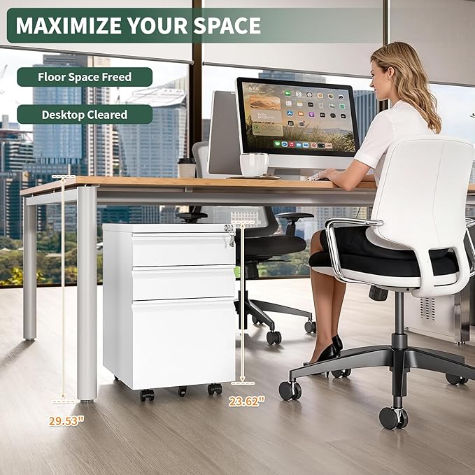 3 Drawer File Cabinet with Lock,Under Desk Rolling Small Filing Cabinet for Home Office Storage, Mobile Steel Cabinets with Wheels, Fully Assembled, White
