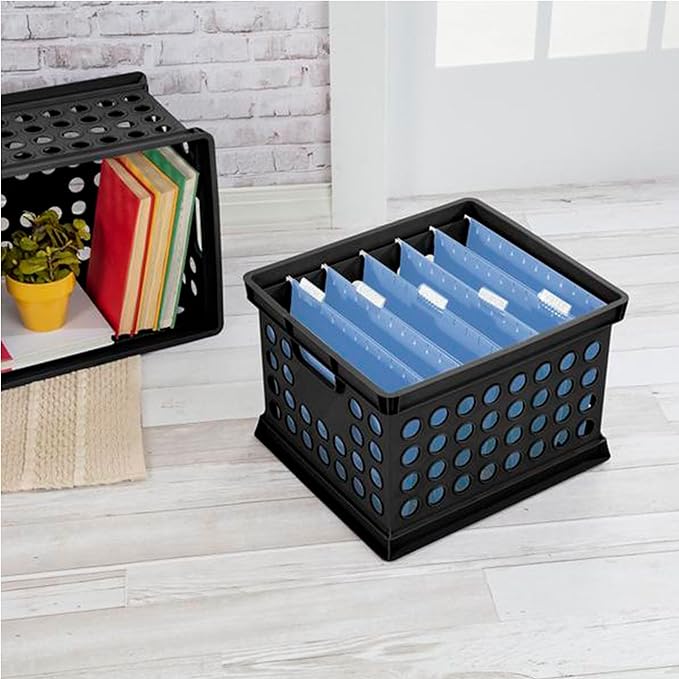 Sterilite Stackable Plastic Storage Crate Bin Organizer File Box with Handles for Home, Office, Dorm, Garage, or Utility Organization, Black, 24-Pack