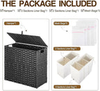Greenstell Laundry Hamper with Lid, 125L Large Clothes Hamper with 3 Section & 2 Section Removable Liner Bags & 5 Mesh Laundry Bags, Handwoven Synthetic Rattan Divided Laundry Basket, Black
