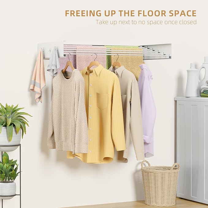 Upgrade Wall Mounted Drying Rack with 6 Hooks, 31.5" Foldable Laundry Rack, 5 Rods & Hooks Space Saver for Bathroom, Collapsible Clothing Rack with Template for Indoor Outdoor (White)