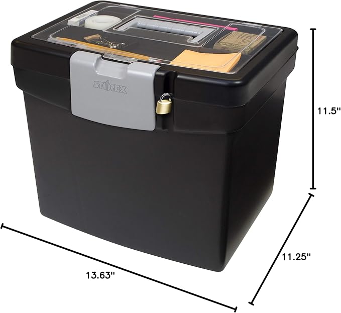 Storex Portable File Box with Organizer Lid – Plastic Office File Storage Box for Letter Paper and Hanging Folders, Obsidian, 1-Count (61504C01C)