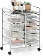 GOFLAME 12-Drawer Rolling Storage Cart, Craft Storage Cart with Removable Drawers & Lockable Wheels, Art Cart Supply Storage Organizer with Metal Frame for Home Office Classroom, Clear